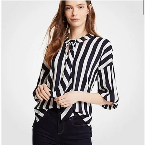 Ann Taylor Tops - Ann Taylor Vertical Striped Navy/White Puffy Sleeve Tie-Neck Blouse